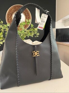 Sam Edelman Black Leather Shoulder Hobo with Gold Logo Accent